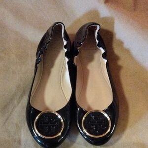 Tory Burch Black Patent Leather Flats with Metallic Buckle